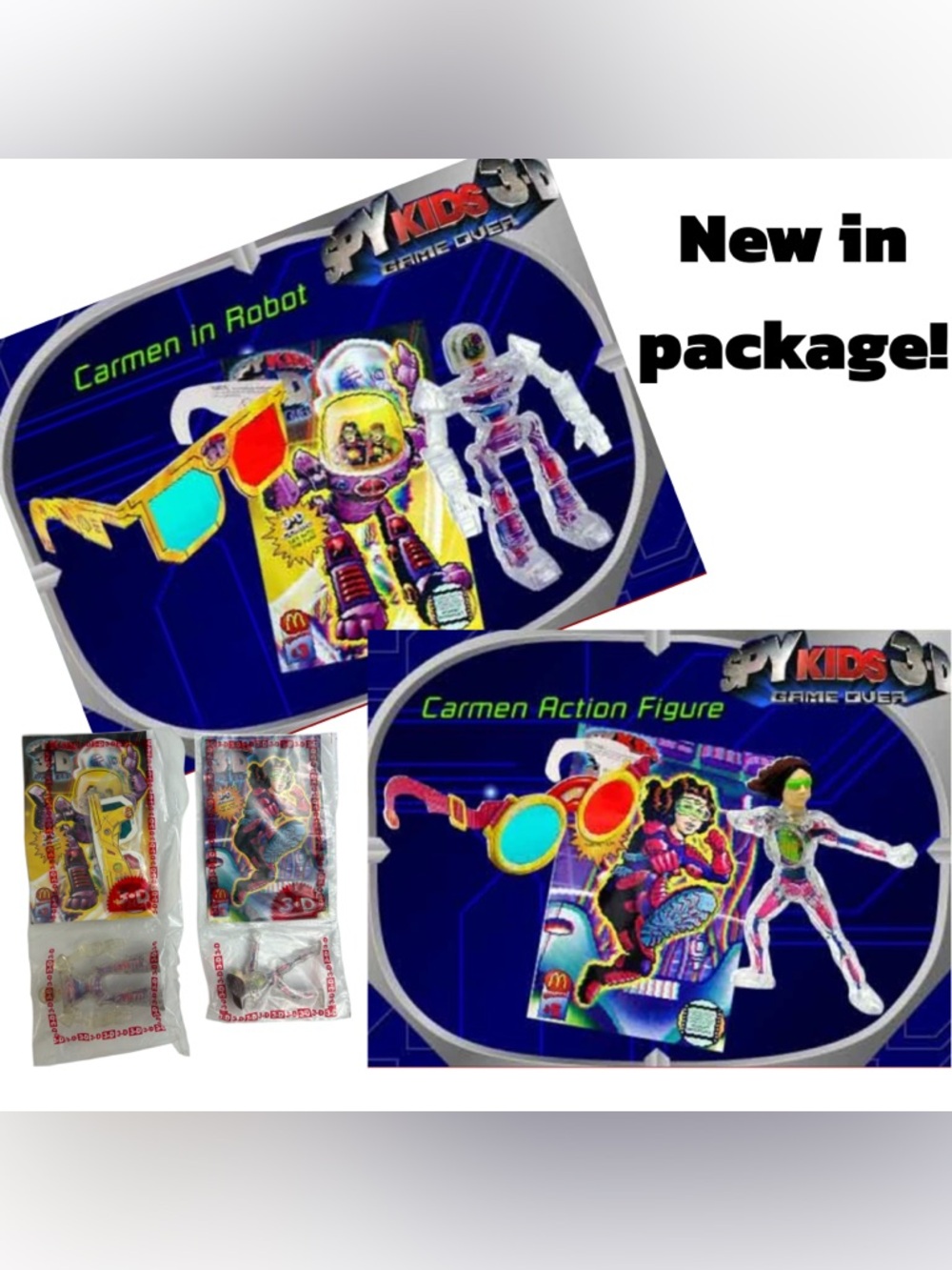 SALE 2003 McDonald's Spy Kids 3D  #3 Carmen Robot & #5 Figure w/ Comic & Glasses